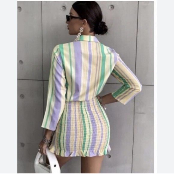 Zara Mini Dress Shirred Skirt Pastel Stripe Long Sleeve Cotton Mini Dress Large - Picture 3 of 15